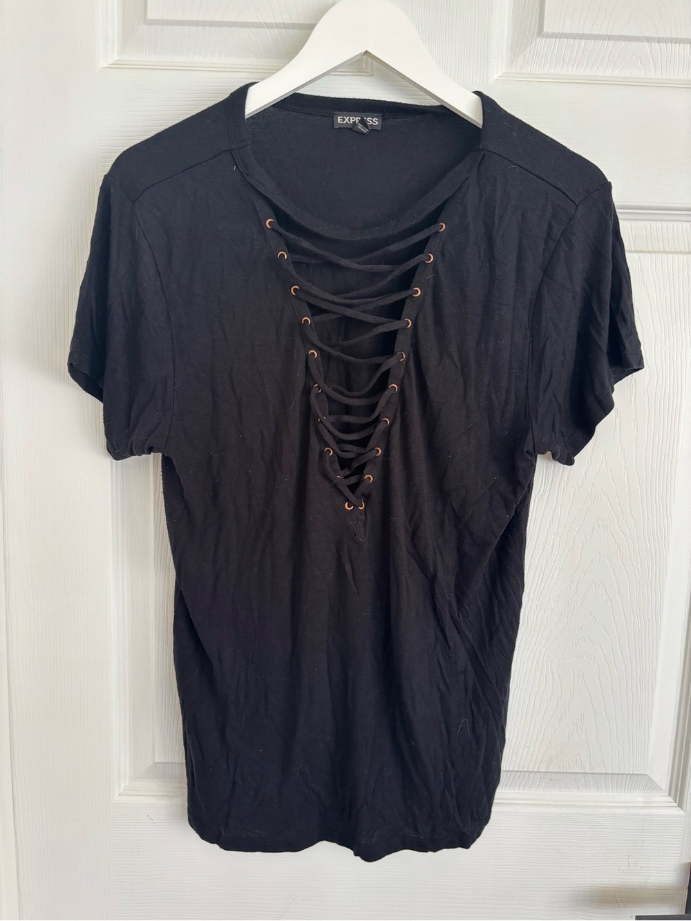 Express Black Short Sleeve Top with Lace-Up Front